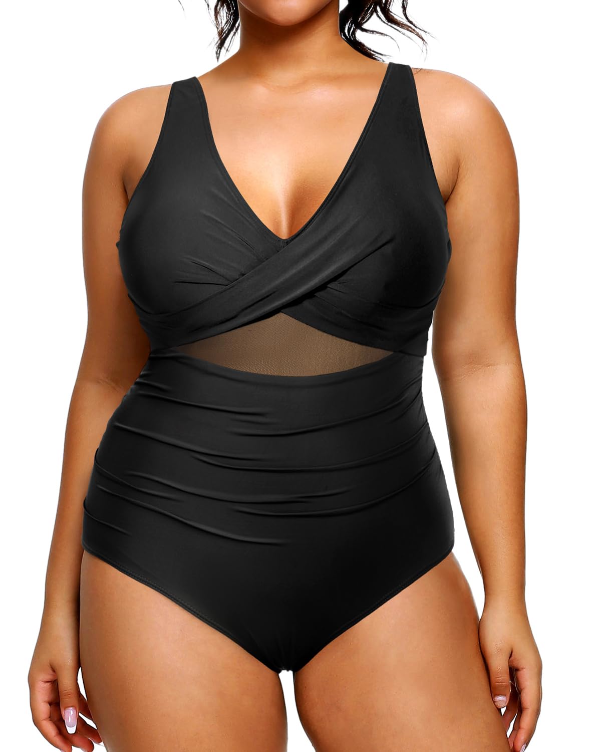 Photo 1 of Yonique Plus Size Swimsuit One Piece Bathing Suits for Women Tummy Control Slimming Swimwear Black Mesh 16 Plus