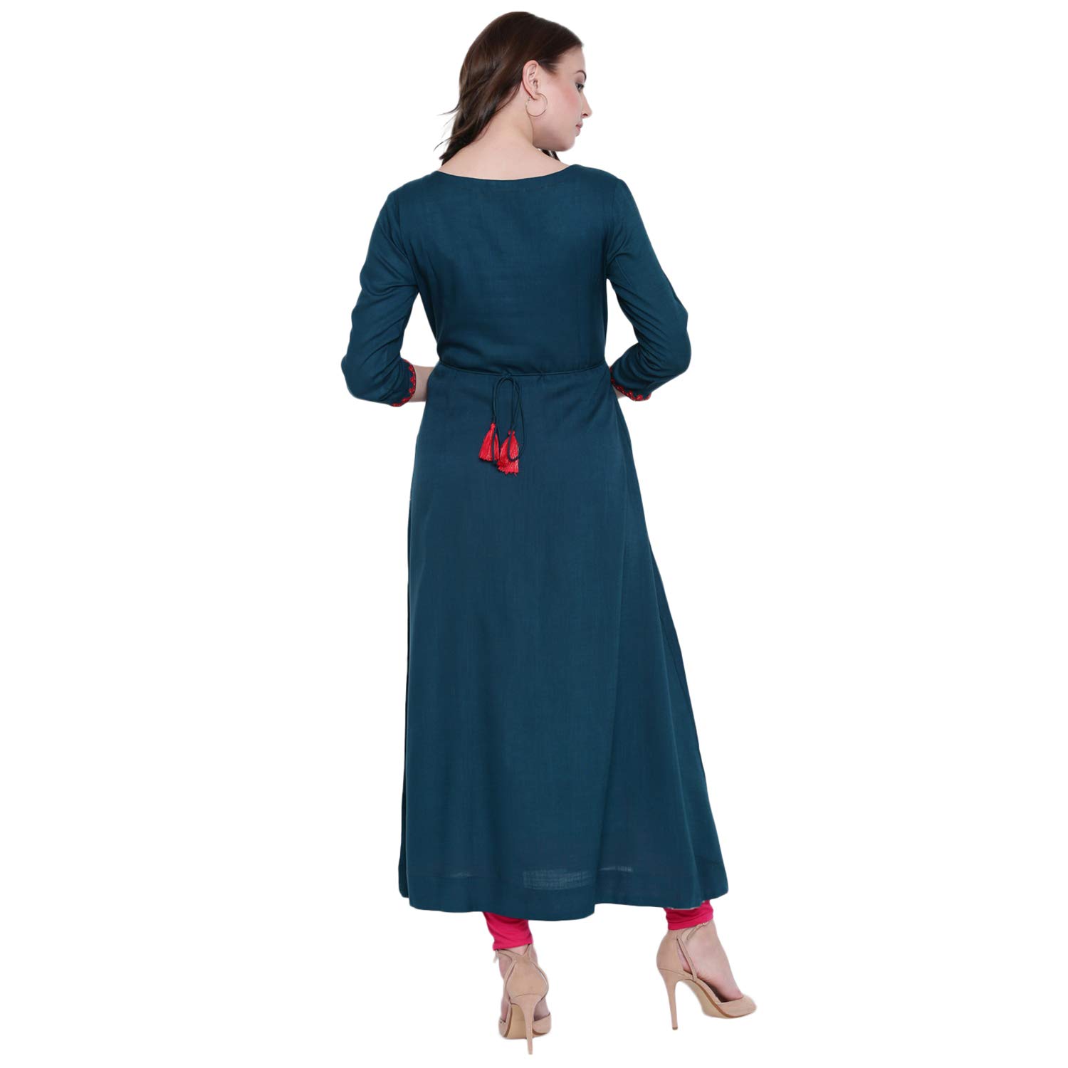 gulmohar jaipur women's rayon slub a-line kurti (petrol green)