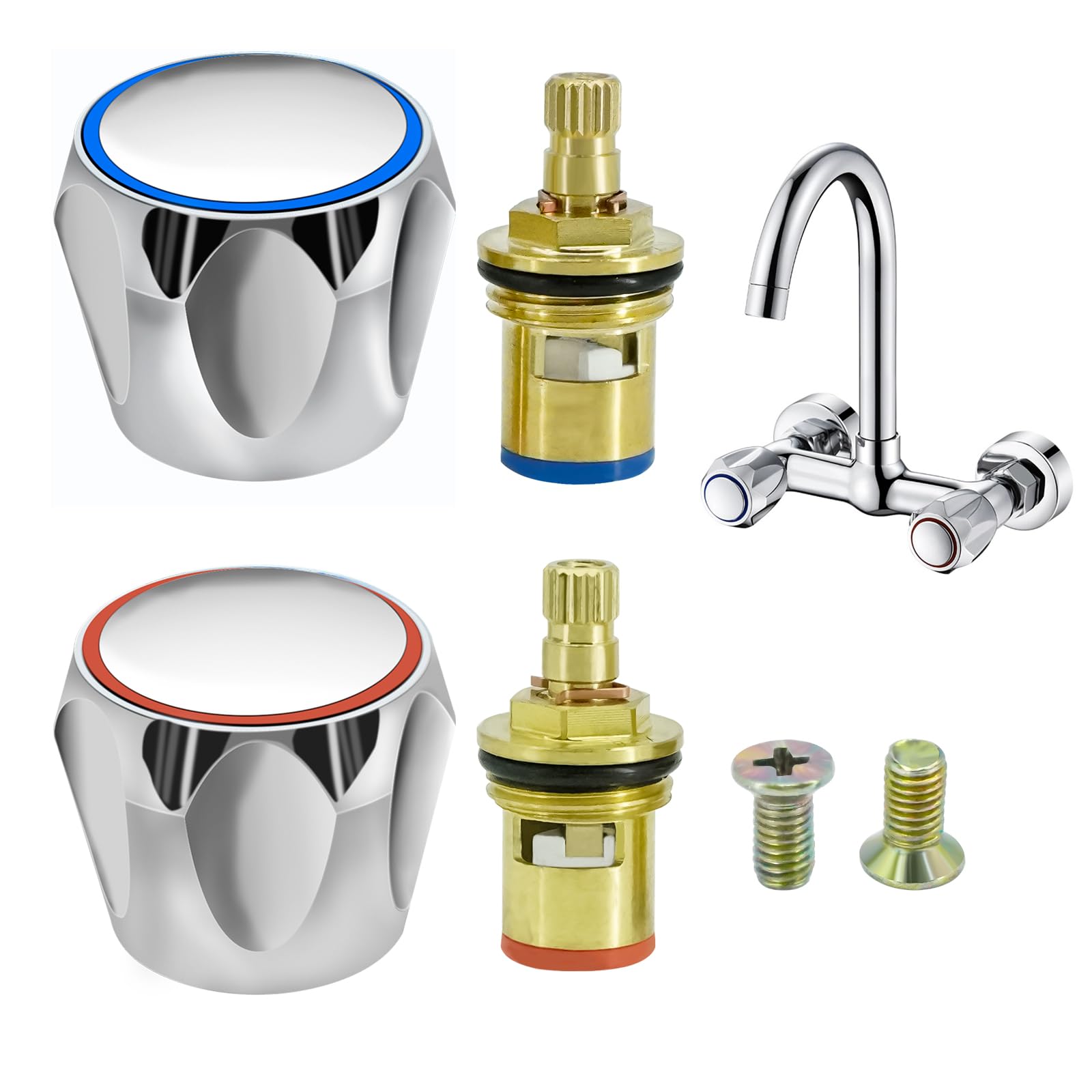 4Pcs Chrome Plated Faucet Top Head Cover Set with Hot & Cold 1/2" Ceramic Cartridges, Red and Blue Tap Replacement for Kitchen and Bathroom