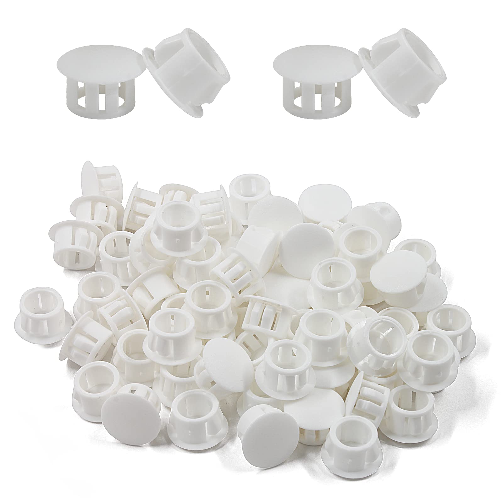Cjueiom 60pcs 10mm / 3/8" Hole Plugs White Plastic Hole Covers, Flush Type Drill Hole Cover Caps Snap in Locking Blanking Cap, Post Pipe Insert Screw Hole Cover for Kitchen Cupboard Cabinet Shelf