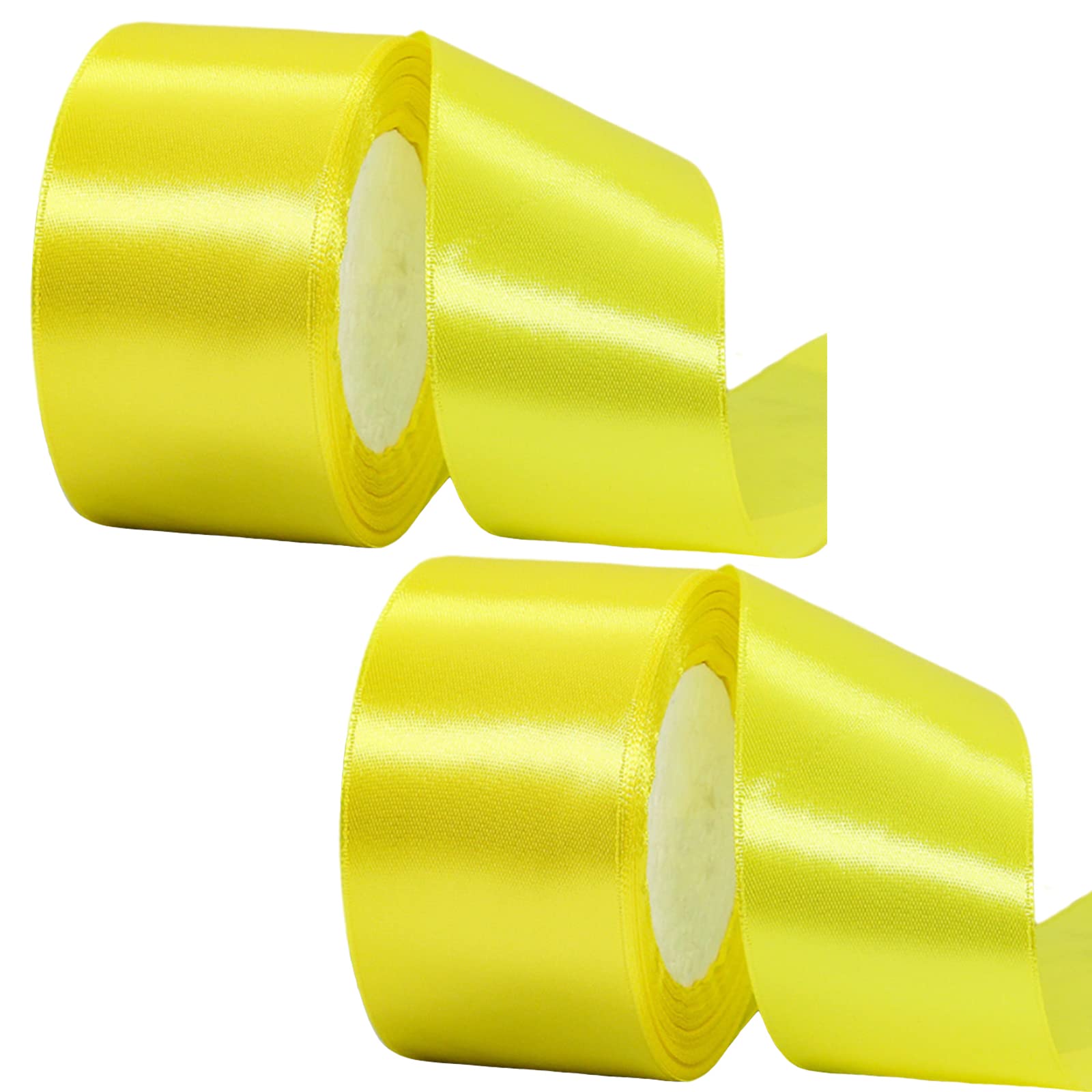 2 Rolls Thick Lemon Yellow Satin Ribbon - 22M, 50mm Wide, Double Sided for Gift Wrapping, Crafting, Cake Decoration, Hair Bows, Bouquets, Christmas & Wedding