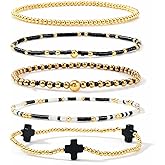 EQUBIO Gold Beaded Cross Bracelet for Women, 14K Plated Adjustable Stackable Dainty Bracelets, Non Tarnish Fashion Jewelry Set Gifts for Women Birthday Friendship