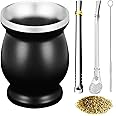 ABM&Y Yerba Mate Cup and Bombilla Set, Gourd Tea Cup Kit with 2 Straws and Cleaning Brush, Convenient Travel, Stainless Steel Double Walled Anti Scalding, Easy to Clean (Black A)
