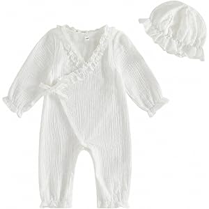 Kupretty Newborn Baby Girl Clothes Ruffle Wrap Romper+ Bonnet | Baby Coming Home Hospital Outfit, Long Sleeve Jumpsuit, Annou
