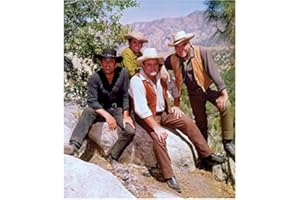 PHOTOGRAPH Bonanza 8 x 10 Photo Lorne Greene, Pernell Roberts, Dan Blocker & Michael Landon Sitting on Huge Boulder Pose 2 kn