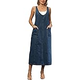 yoeasy Women's V Neck Sleeveless Denim Overall Dress Adjustable Strap Vintage Back Slit Midi Jean Dress with Pockets