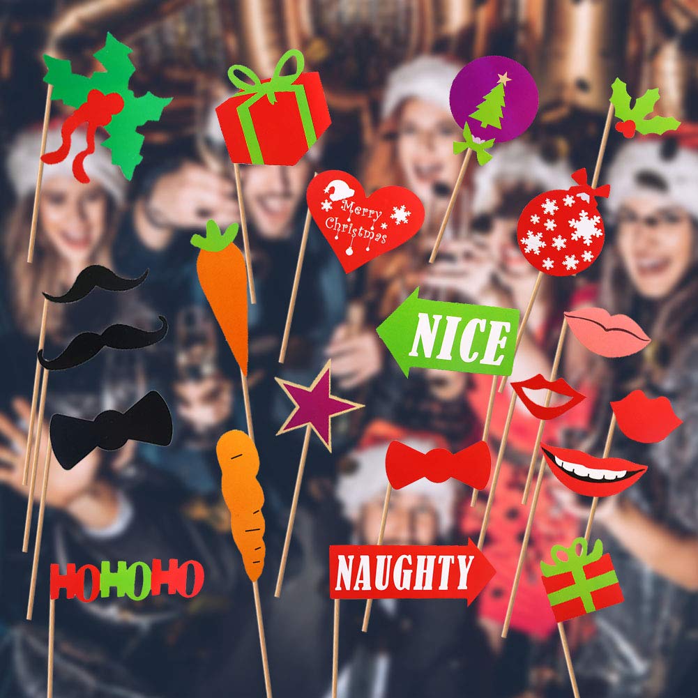 Christmas Party Photo Booth Props, 52PCS DIY Kits Dress-up Decoration for Christmas Theme Party Favors Decorations
