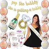Golden Shop Bachelorette Party Decorations Kit | Bridal Shower Supplies - Bride to Be Sash,Veil, Ring Foil Balloon, Champagne Bottle Foil Balloon, 2 Gold banners,10 Photo Booth Props,12 Latex Balloons
