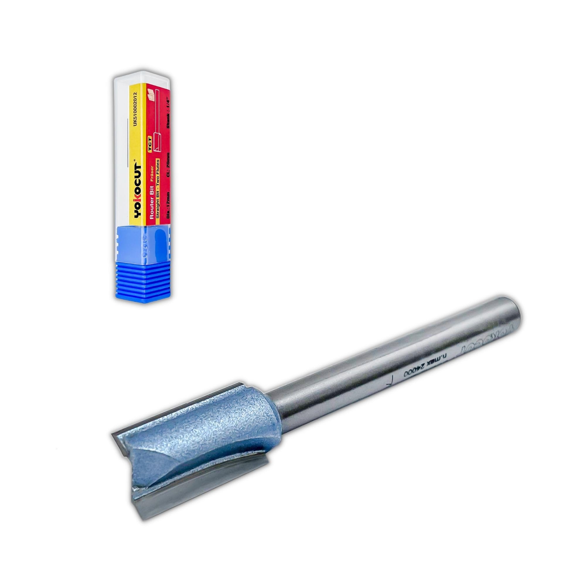 YOKOCUT Straight Two Flute Router Cutter Bit, 1/4 Inch Shank, 12mm Cut Diameter & 20mm Cut Length, Tungsten Carbide Tipped Router Bit (Straight Two Flutes 12MM DIA - 20MM CUT - 1/4 SHANK)