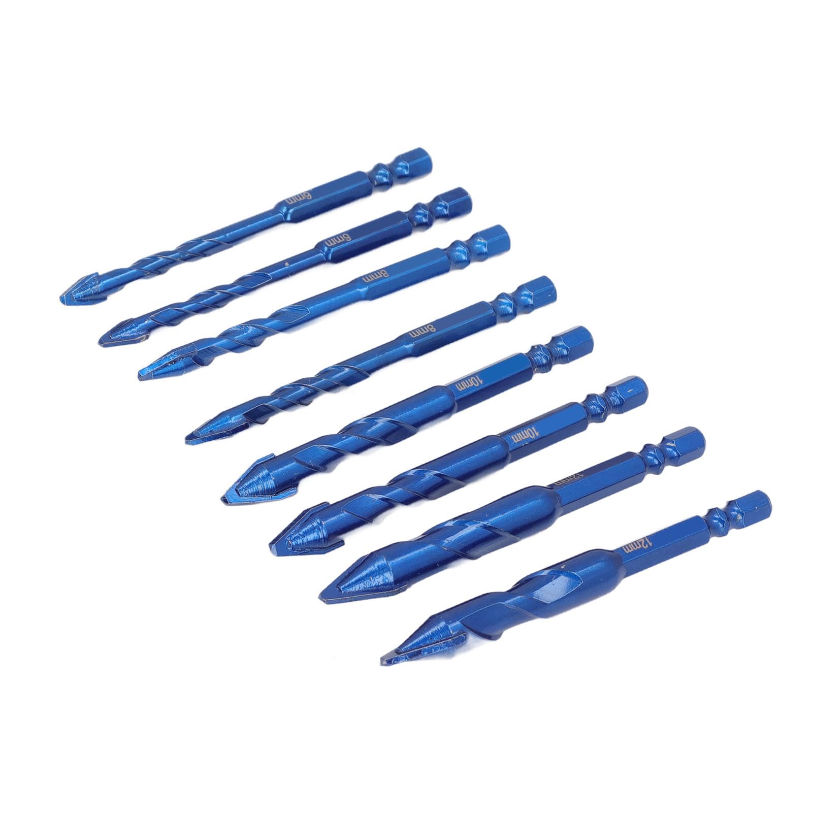 Twist Drill Bit Set - High Hardness Eccentric Skewed Head Drills, 1/4"" to 1/2"" Sizes, Hex Shank for Stone, Glass, Marble, Tile - 8Pcs