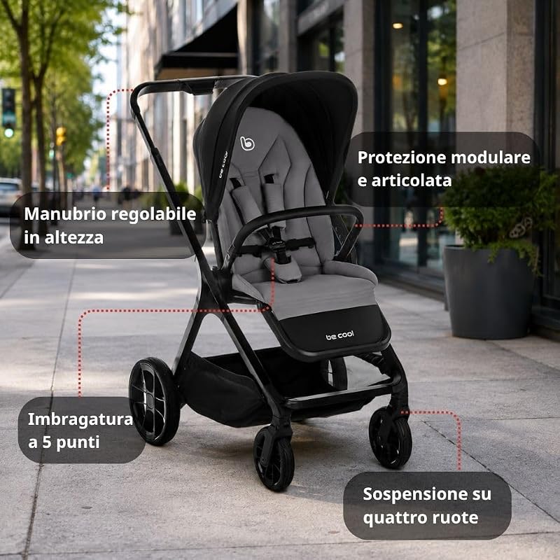 Kombo, Passeggino 2 in 1 con Navicella Rigida Rialzabile e Seduta Reversibile, Chiusura Automatica con una Mano, dalla Nascita fino a 22 kg, Grigio