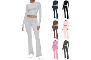 Aryapyper Womens 2 Piece Lounge Sets Long Sleeve Cropped Top Fold-over Flare Pant Set Casual Comfort Outfits Pajamas