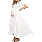 Swiss Dot Smocked Maternity Dress for Baby Shower Photoshoot Casual V Neck Ruffle Sleeve Empire Waist Tiered Boho Dress
