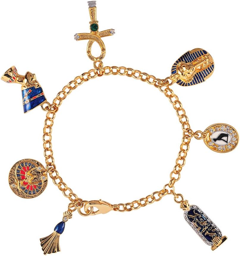 Cristalina 18K Gold Plated Ancient Egyptian Themed Charm Bracelet Hand Enamelled with Crystal of Length 19cm