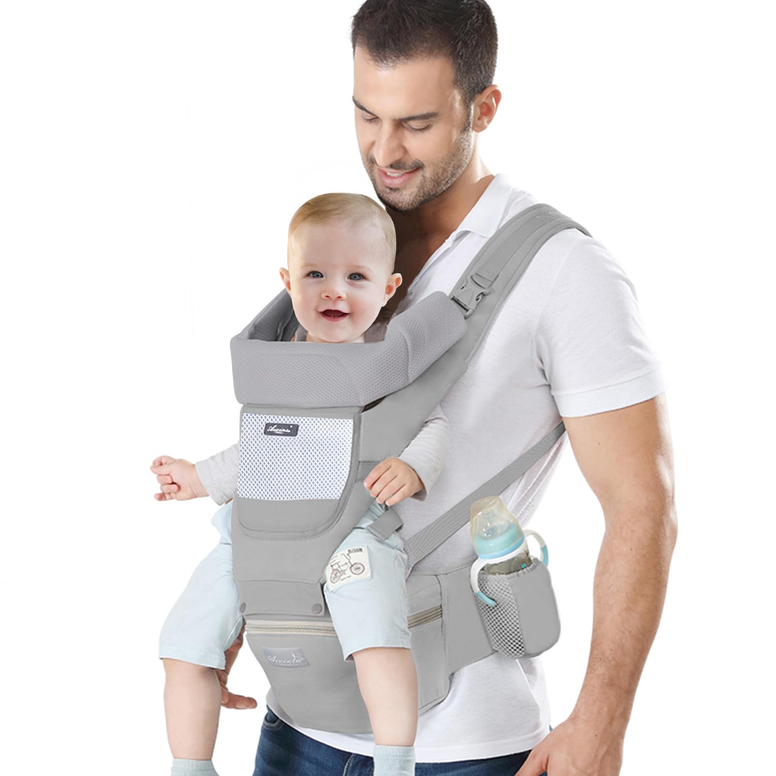 IULONEE Newborn Baby Carrier with Hip Seat Ergonomic Infant Carrier Adjustable Multifunctional Front and Back Carry for Childs Toddler 3 Months to 3 Years(7-45lbs) Grey