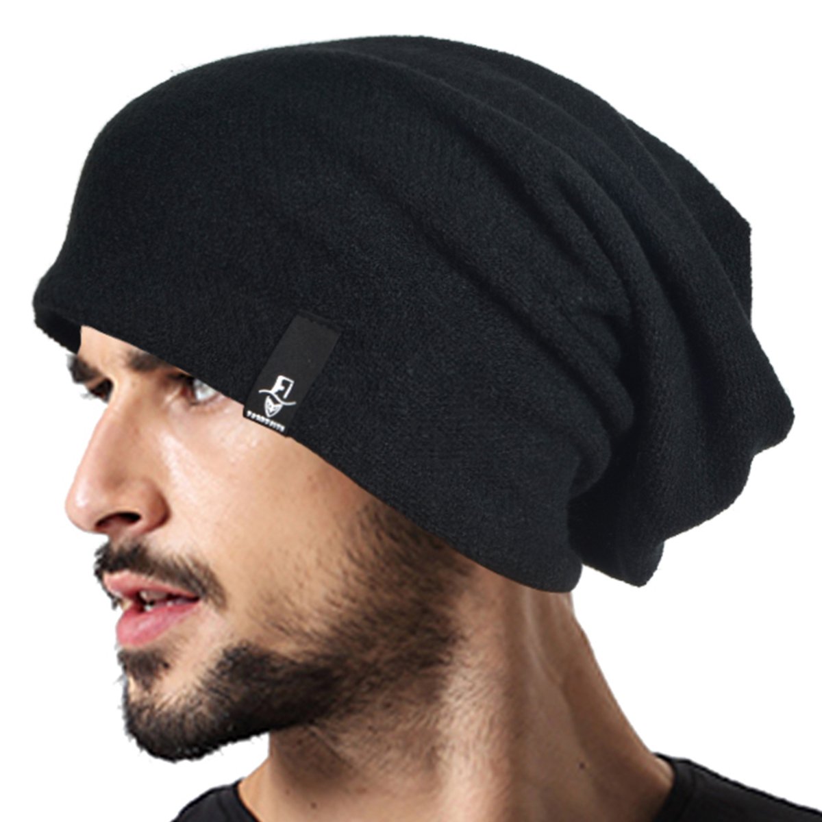 Men's Cool Cotton Beanie Slouch Skull Cap Long Baggy Hip-hop Winter Summer Hat B305 (Black)