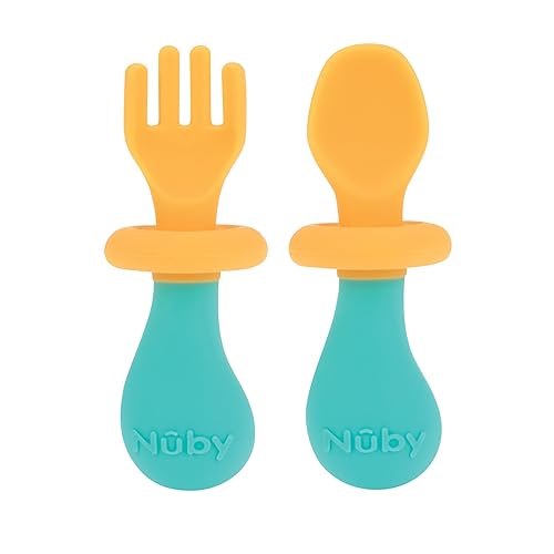 Nuby First Fork and Spoon Set - Utensils with Safety Guards for Babies 6+ Months - Orange and Aqua