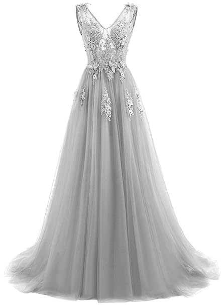 Ballkleid Doppel-V-Ausschnitt Spitze Appliques Lang T¨¹ll A-Linie Abendkleider