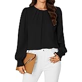 Vrtige Women's Dressy Casual Pleated Crew Neck Long Sleeve Shirt Office Work Chiffon Blouse Tops