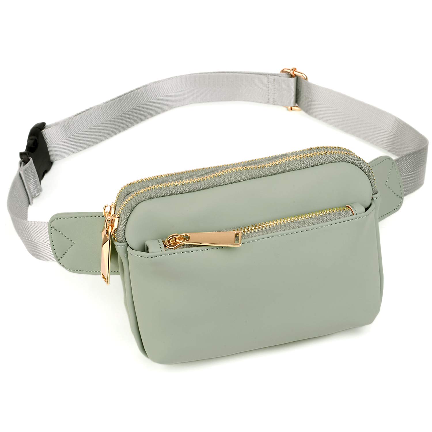 Bumbags for Ladies Sports Travel Fanny Pack Women Men Fashion Waist Packs Mother Mum Fits Mobile Phone Golden Zippers Waterproof Vegan Leather by UTO Light Green