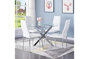 NIERN Round Tempered Glass Dining Table Set for 4, 5-Piece Modern Kitchen Table Set with 4 High-Back Upholstered Chair for Kitchen Dining Room (Sliver Table with White Chairs)