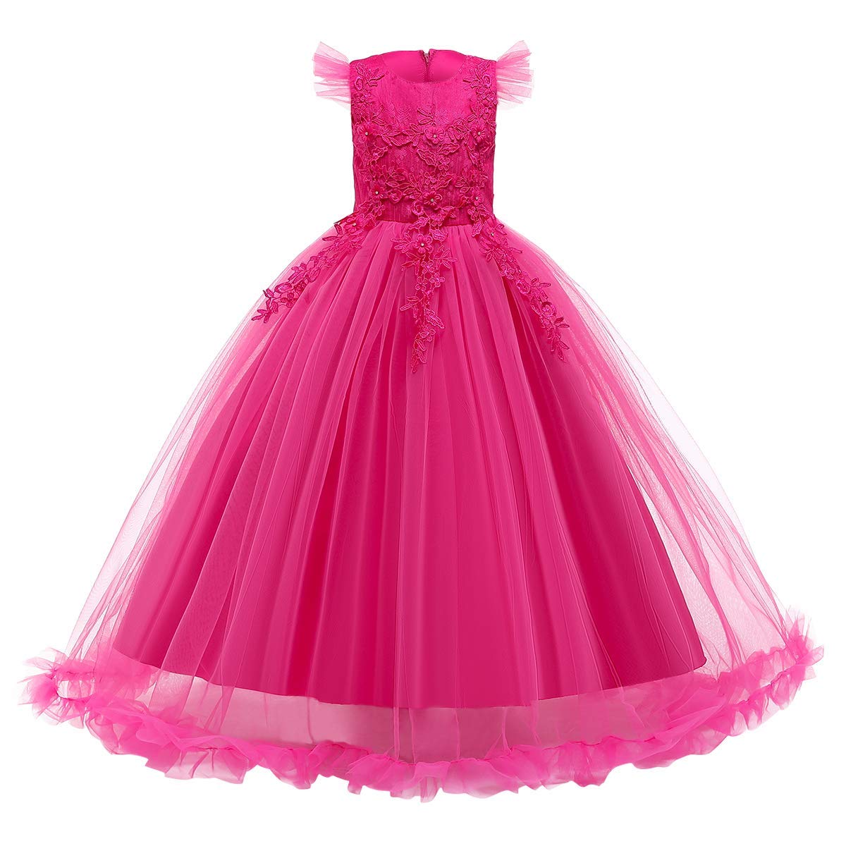 Photo 1 of Girls Lace Pageant Party Dress Wedding Flower Girl Maxi Gowns Flower A Line Birthday Dance Evening Tulle Floor Length Skirt Hot Pink 6-7 Years