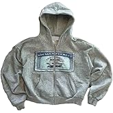 Crancious Y2k Oversized Graphic Hoodies Unisex Grunge Zip up Hoodie Cute Hoodies for Teen Girls and Boys 2000s Emo Clothes