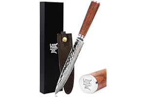 YOUSUNLONG Sashimi Knives 8 inch Carving Knives Sushi Knives Japanese Hammered Damascus Steel Natural Walnut Wooden Handle wi