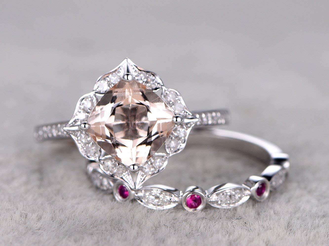 2pcs 14k Rose Gold Bridal Rings Set,7mm Cushion Cut Natural