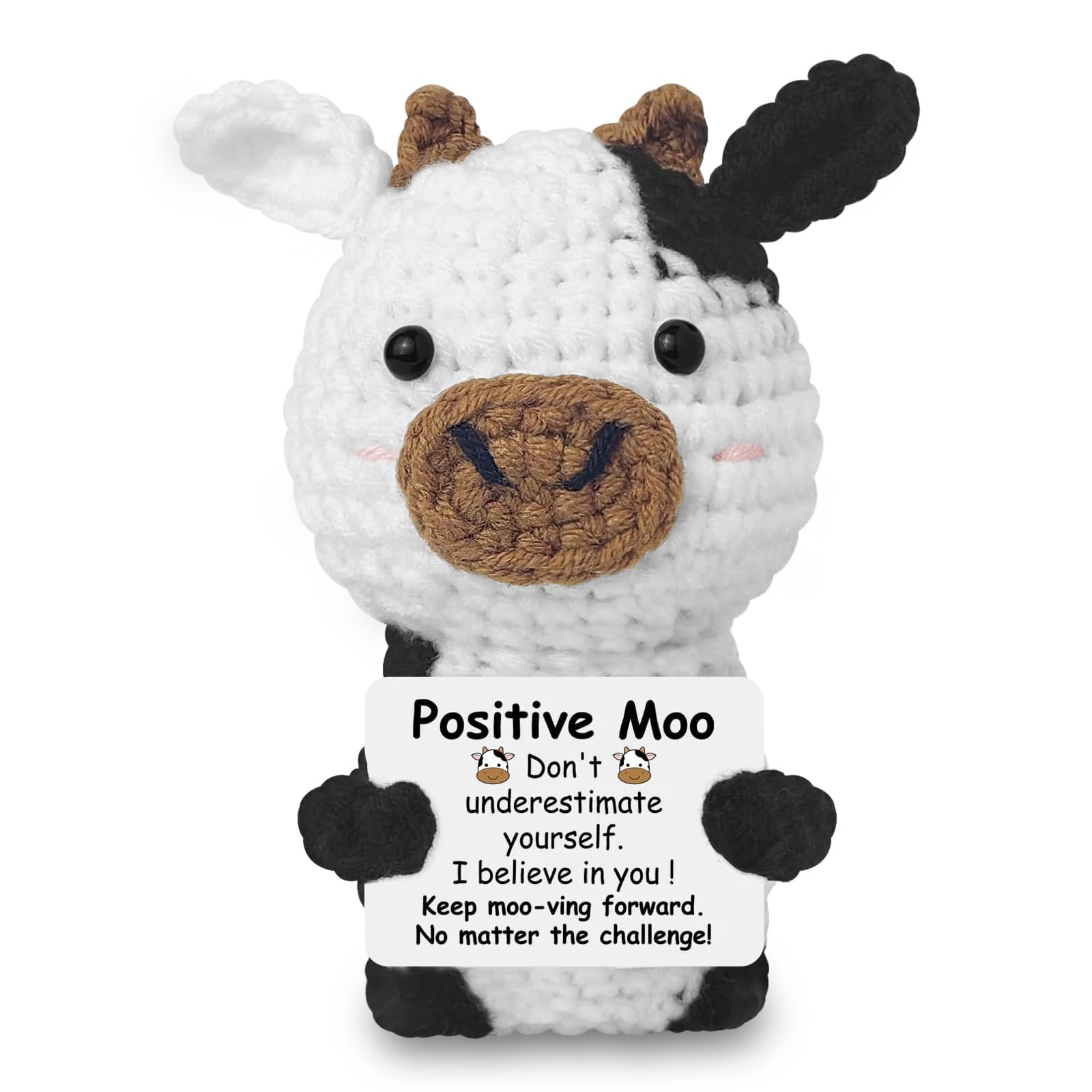 Emotional Support Gift, Funny Positive Crochet Moo with Affirmation Cards, Cute Handmade Emotional Support Plush Highland Cow Gifts for Women Men, Positive Crochet Animals for Home Office Desk Decor