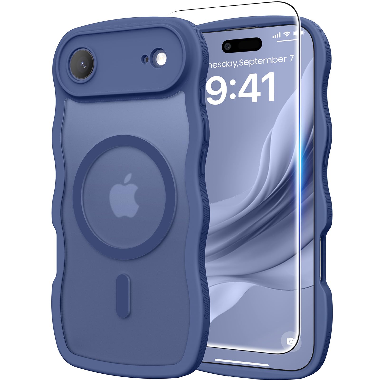 Photo 1 of 3 in 1 Magnetic for iPhone Air Case, Cute Wavy [Full Camera Protection][Fit for MagSafe] 1X Screen Protector+1X Wrist Strap, Anti-Slip Trendy Women Girly Phone Case for iPhone 17 Air 6.6", Deep Blue