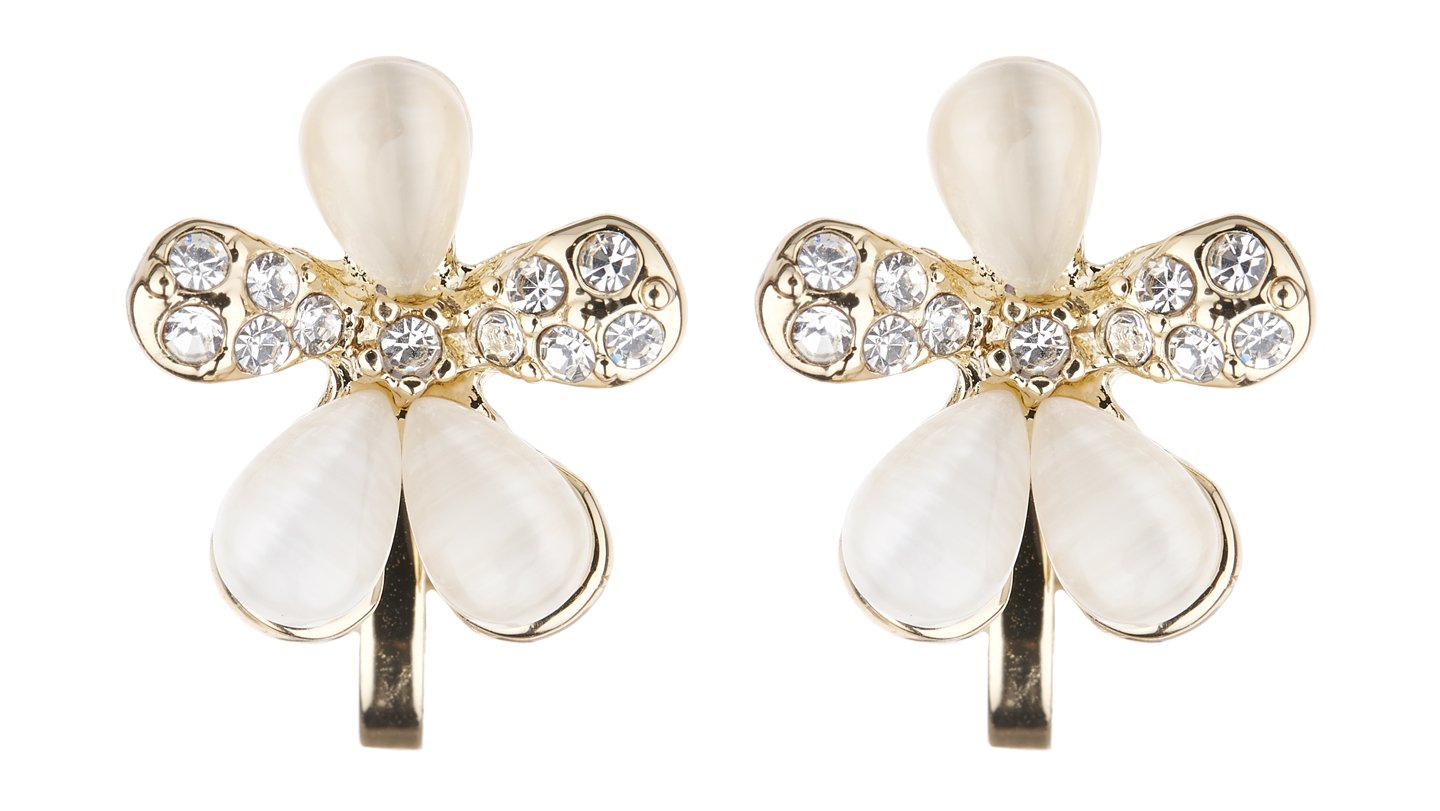 Clip On Earrings - Gold Plated Flower With Clear Crystals And Stones - Colette