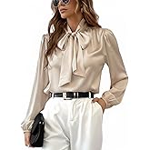 CUPSHE Women's Blouses Long Sleeve Satin Shirts Bow Tie High Neck Tops Dressy Casual
