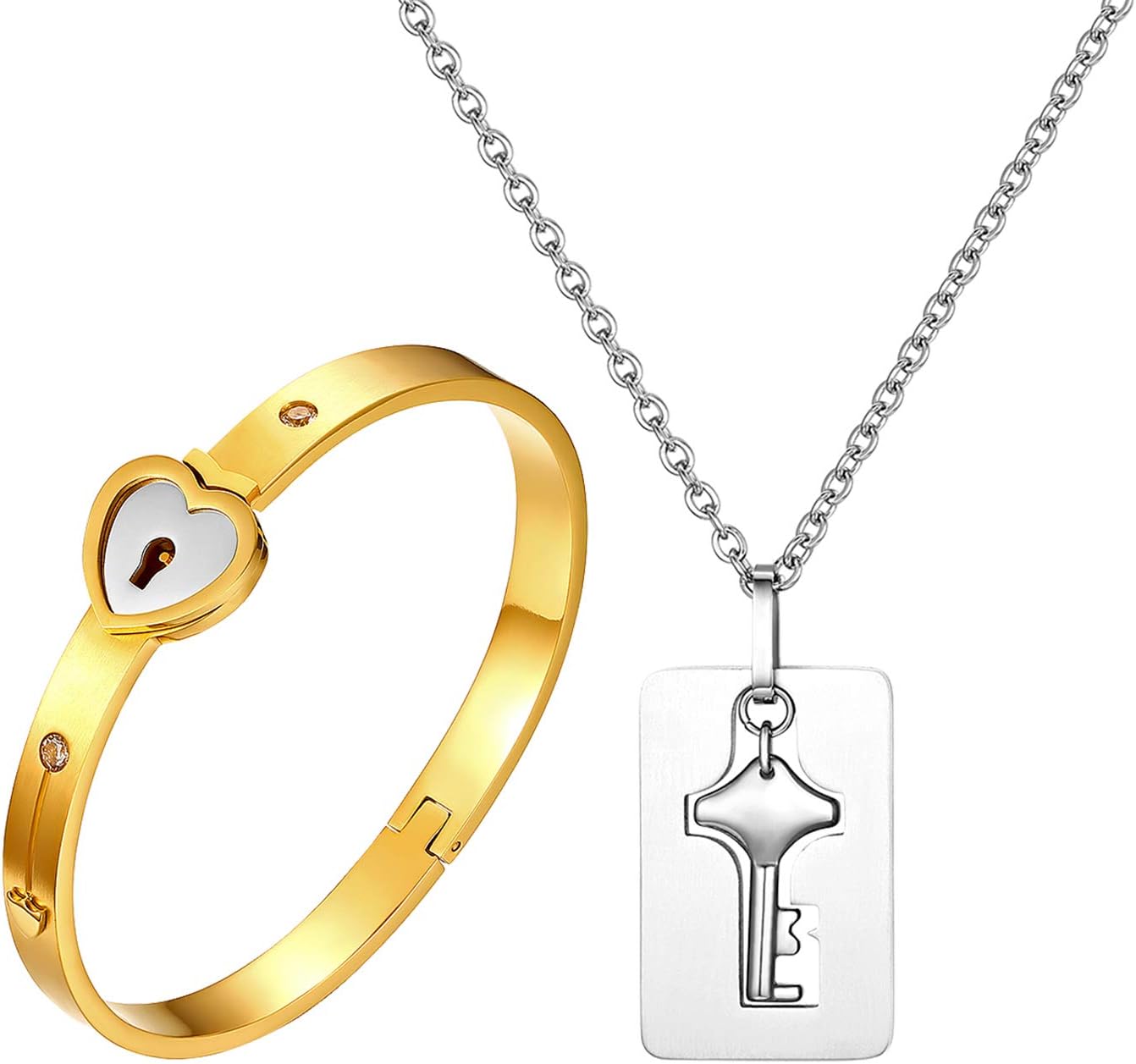 JewelryWe2pcs New Lovers Stainless Steel Heart Lock Love Bangle Bracelet &Key Tag Pendant Necklace Set