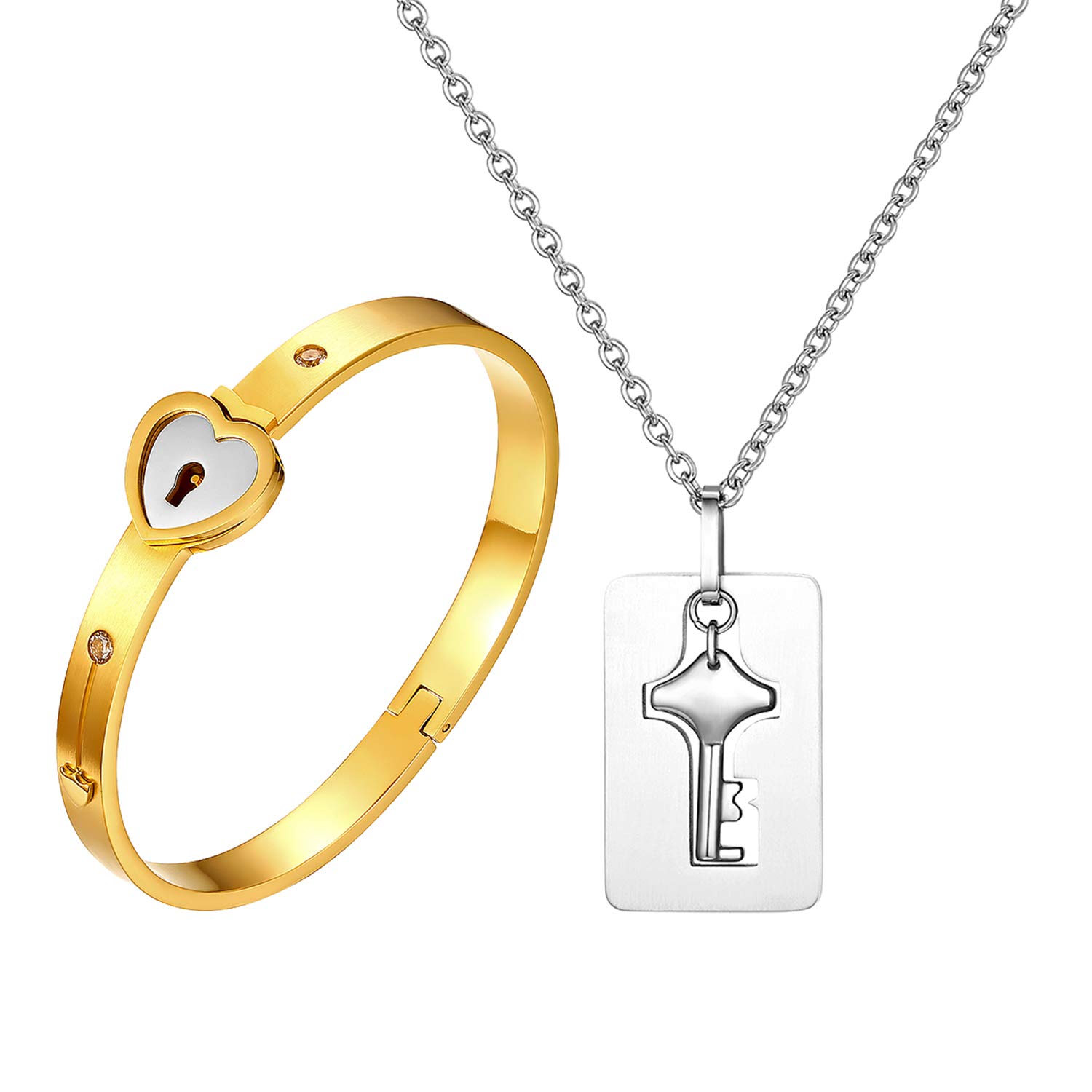 JewelryWe 2pcs New Stainless Steel Heart Lock Love Gold Plated Bangle Bracelet &Key Tag Pendant Necklace Set