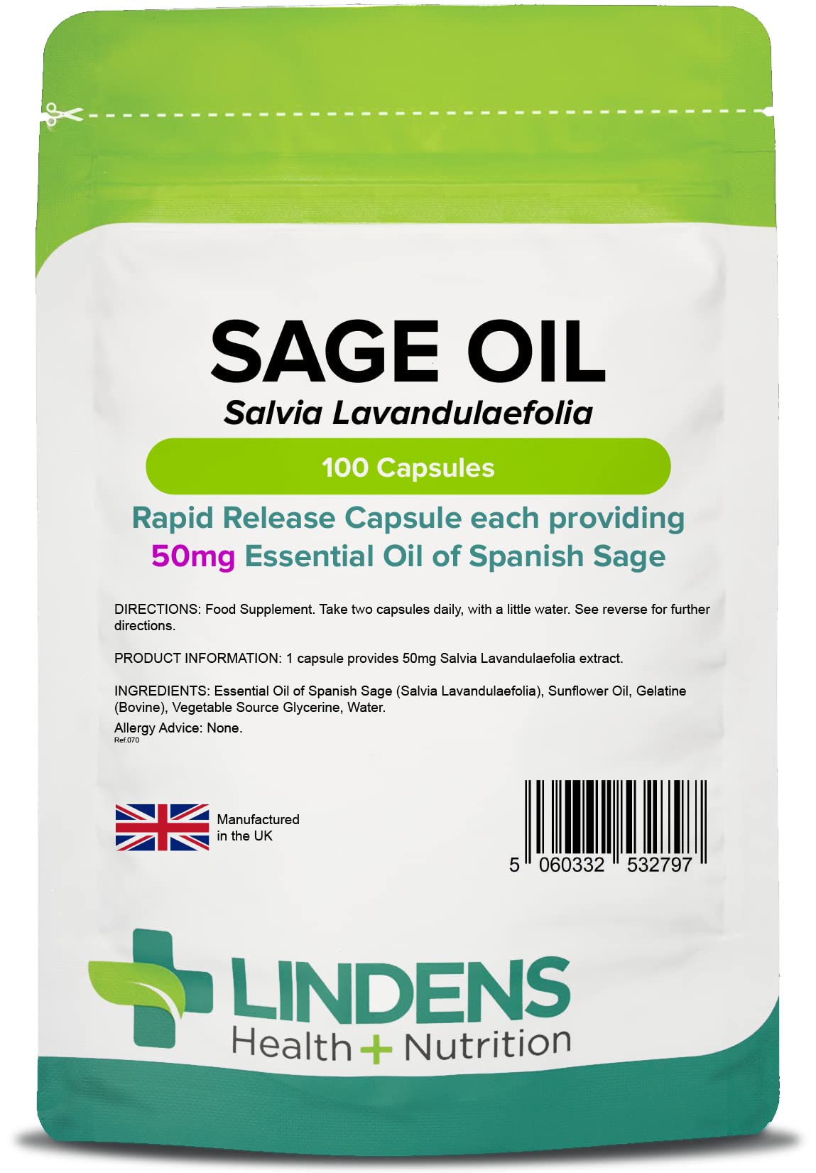 Lindens - Sage Essential Oil 50mg - 100 Softgel Capsules - UK Made - Popular Food Supplement for Women During Menopause - Free from Thujone - Letterbox Friendly