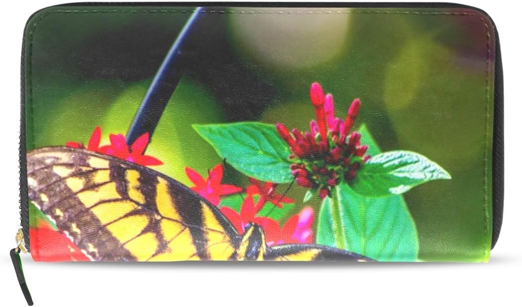 Womens Wallets Butterfly Garden Flowers Colors Summer Leather Passport Wallet Change Purse Zip Handbags