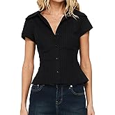 VFURYGD Women Y2k Button Down Shirt Short Sleeve V Neck Collared Shirts Back Tie Crop Top Going Out Blouse
