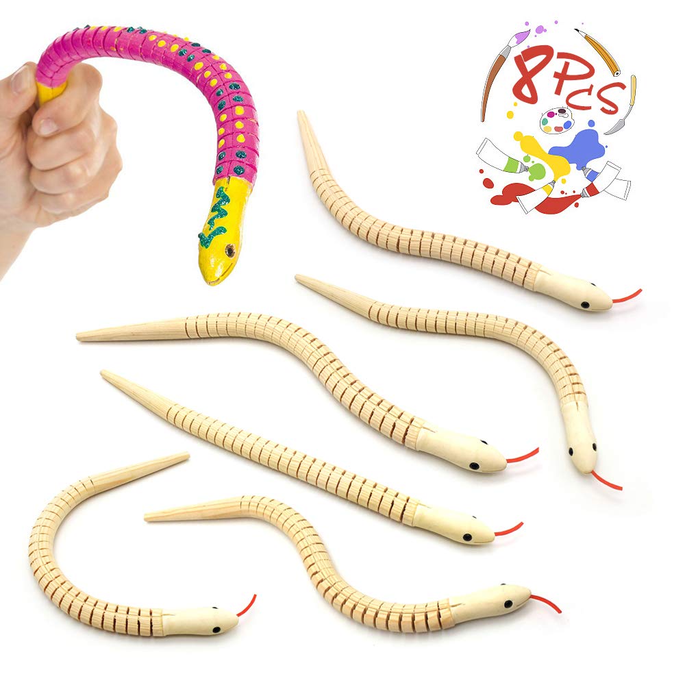 8 Pcs Wooden Snake Natural Unfinished Wooden Wiggly Snakes - 12” Flexible Timber Snake - Blank Canvas - Animal Model Crafts Toys for Kids Arts and Crafts Themed, Halloween Prop, Birthday Party Supply