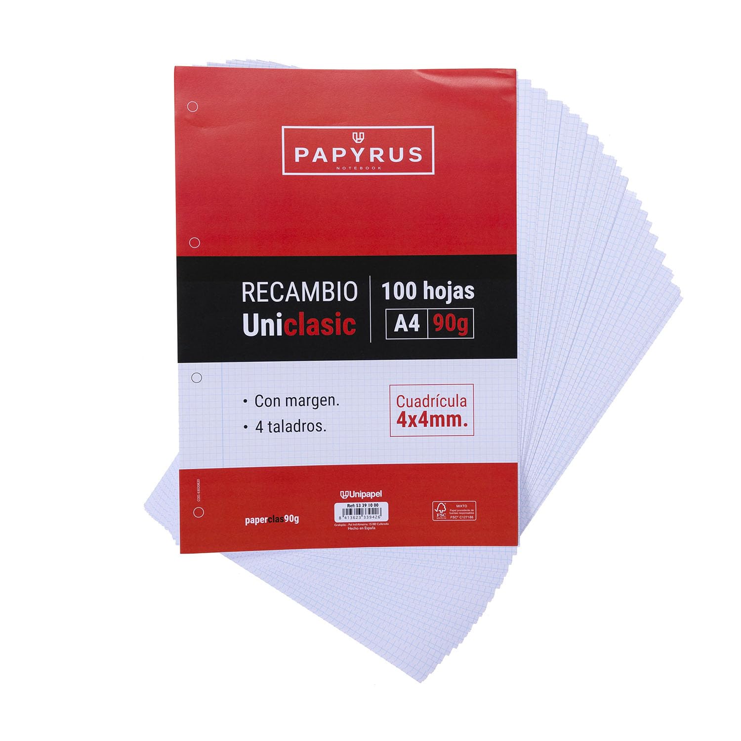 Unipapel Refill Grid Sheets 4 x 4 mm, with Margin, 90 g, Paper, White, A4, 100