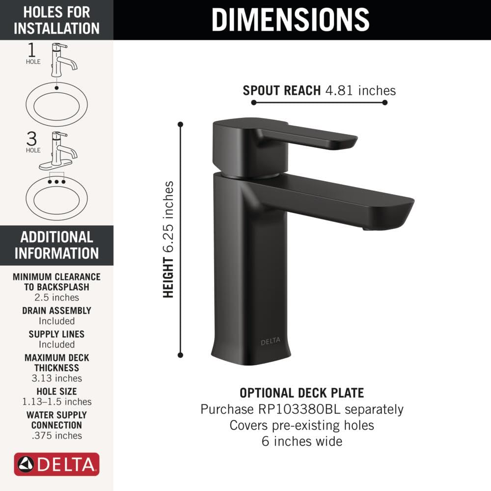 Delta Modern Matte Black Bathroom Faucet 1 Hole, Single Hole Bathroom Sink Faucet for Vanity, Push-Pop Drain Assembly, Matte Black 581LF-BLGPM-PP