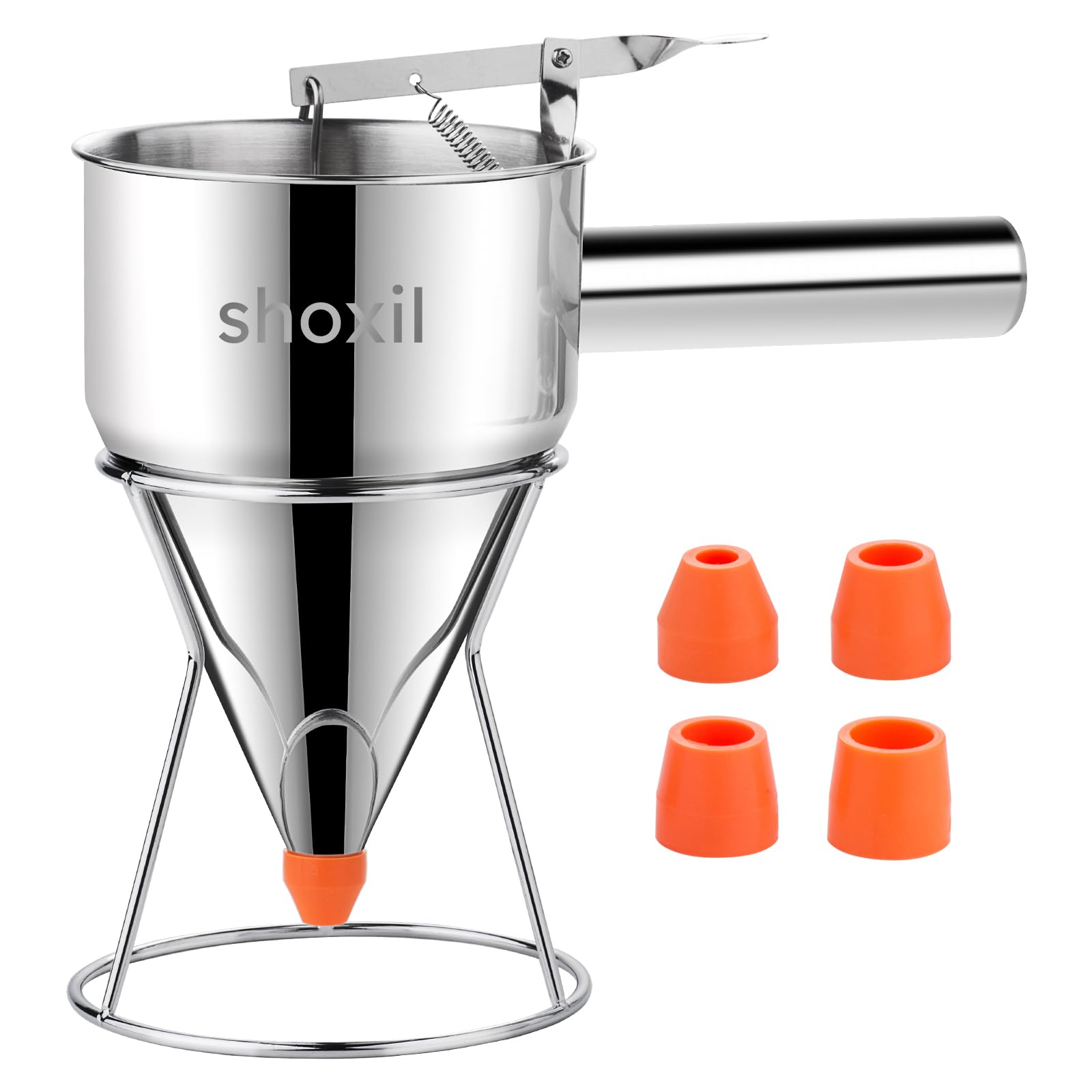 shoxil 20oz Pancake Batter Dispenser, Multi-caliber Stainless Steel Funnel Cake Dispenser with Stand Great for Pancakes, Cupcakes or Any Baked Goods(20oz/600ML)