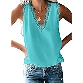 BLENCOT Womens Tank Tops Summer V Neck Lace Trim Casual Sleeveless Dressy Blouse Shirts Grayish Blue L