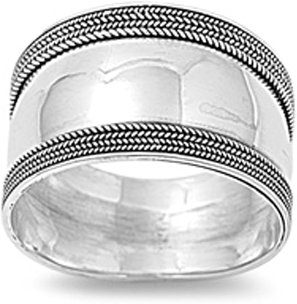 Sterling Silver Women's Bali Ring Wide 925 Band Rope Milgrain Look