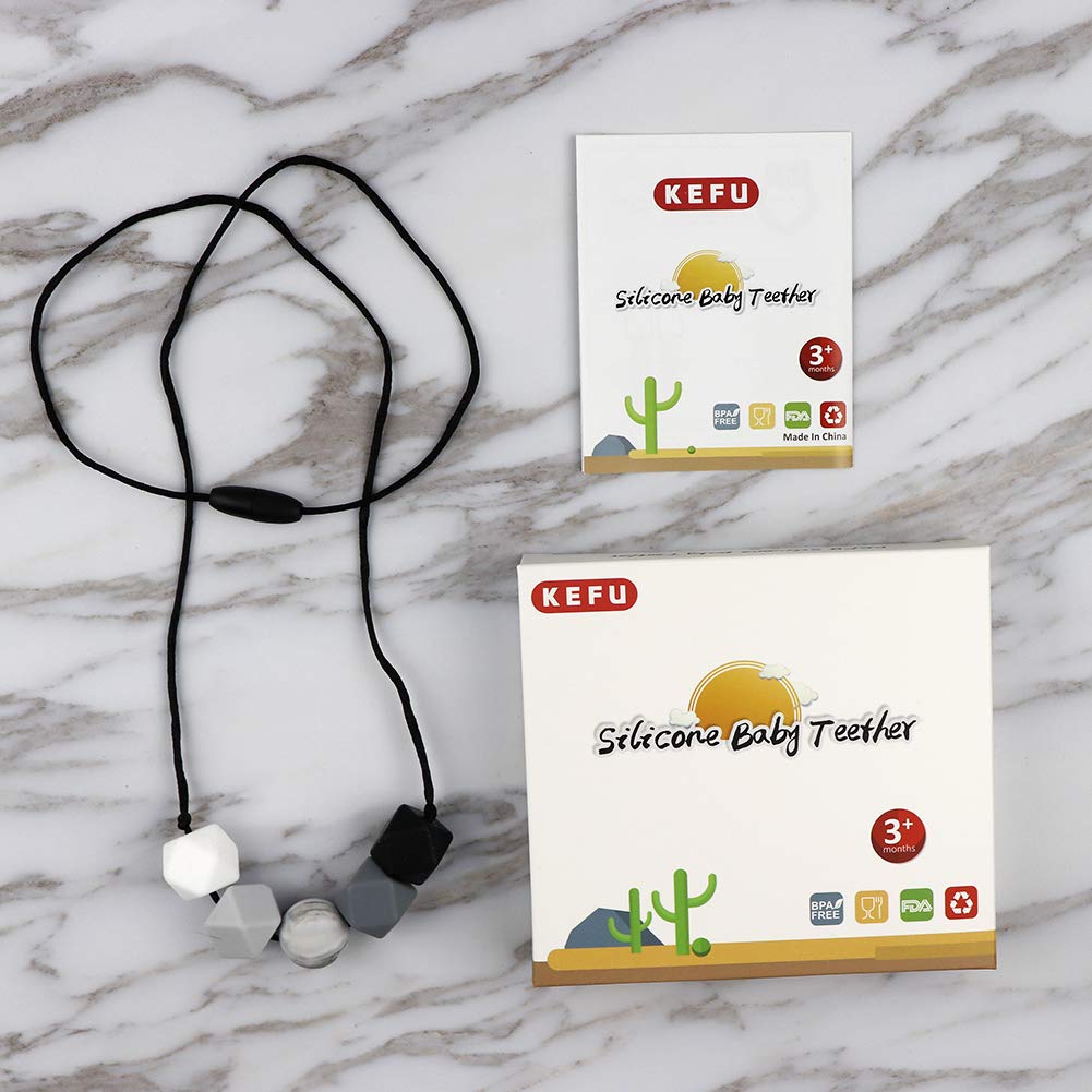 KEFU Teething Necklace for Mum,Silicone Baby Teether Necklace for Breastfeeding Nursing Handmade,Nursing Jewellery,100% BPA Free (Black and White Gray Match)