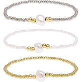 BXDA Dainty Gold Gray White Small Beads Bracelets Set for Women, Trendy 3Pcs Boho Handmade Freshwater Pearl Beaded Stackable Stretch Bracelet Prom Holiday Outfit Jewelry Gift.
