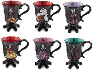 Disney Store Exclusive Designer Villians Mug Set of 6; Queen of Hearts, Maleficent, Ursula, Mother Gothel, Evil Queen, Cruella De Vil Graphic Design