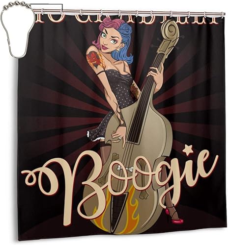 Amazon キャラクターロカビリーブギヴィンテージのピンナップロックガール再生コントラバスピン 家の装飾シャワーカーテン1cmx1cm シャワーカーテン ホーム キッチン オンライン通販