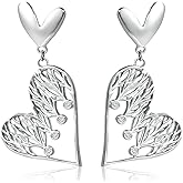 HIUS 925 Sterling Silver Heart Earrings for Women, Cubic Zirconia Dangle Drop Love Earrings, 18K Gold Plated Statement Heart Shaped Jewelry
