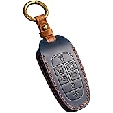 Hontumax Genuine Leather 7-Button Key Fob Cover Case for Hyundai Sonata IONIQ 5 Nexo Tucson Santa Fe 2020 2021 2022 2023 2024 2025 Accessories (Blue)